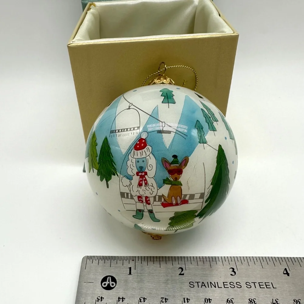 Pier 1 One Imports Li Bien Dogs Skiing Reverse Painted Christmas Ornament 2019